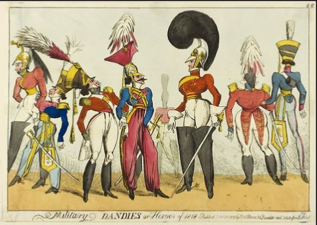 Vintage drawing of nineteenth century men in exaggerated military fashions