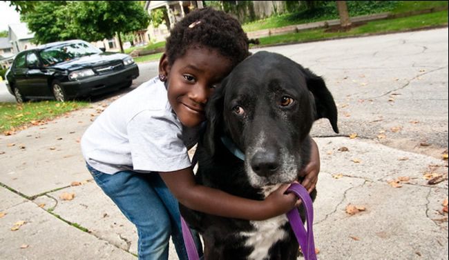Small girl hugging large dog